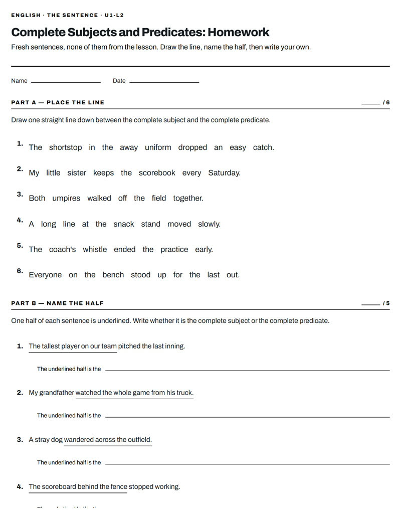 Complete Subjects and Predicates: Homework, page 1