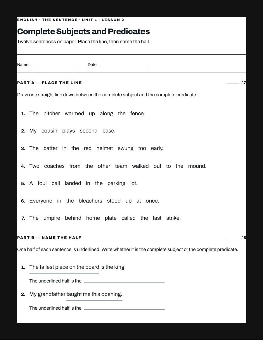 Complete Subjects and Predicates, page 1
