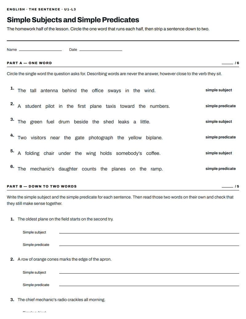 Simple Subjects and Simple Predicates, page 1