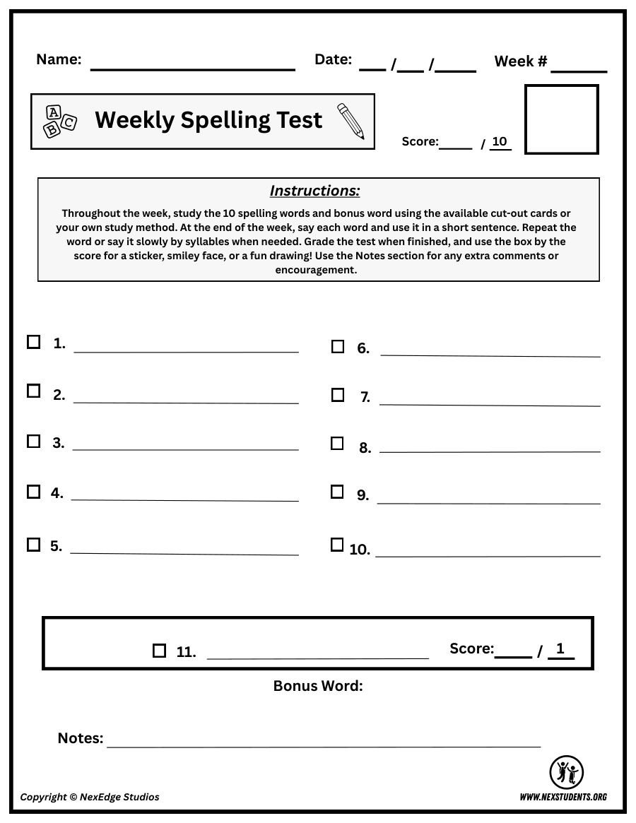 Weekly Spelling Test, page 1