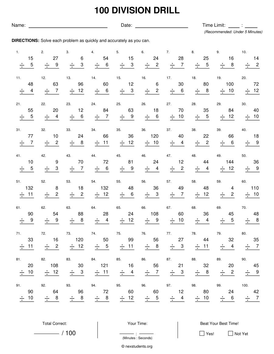 100 Division Facts: Speed Drill, page 1