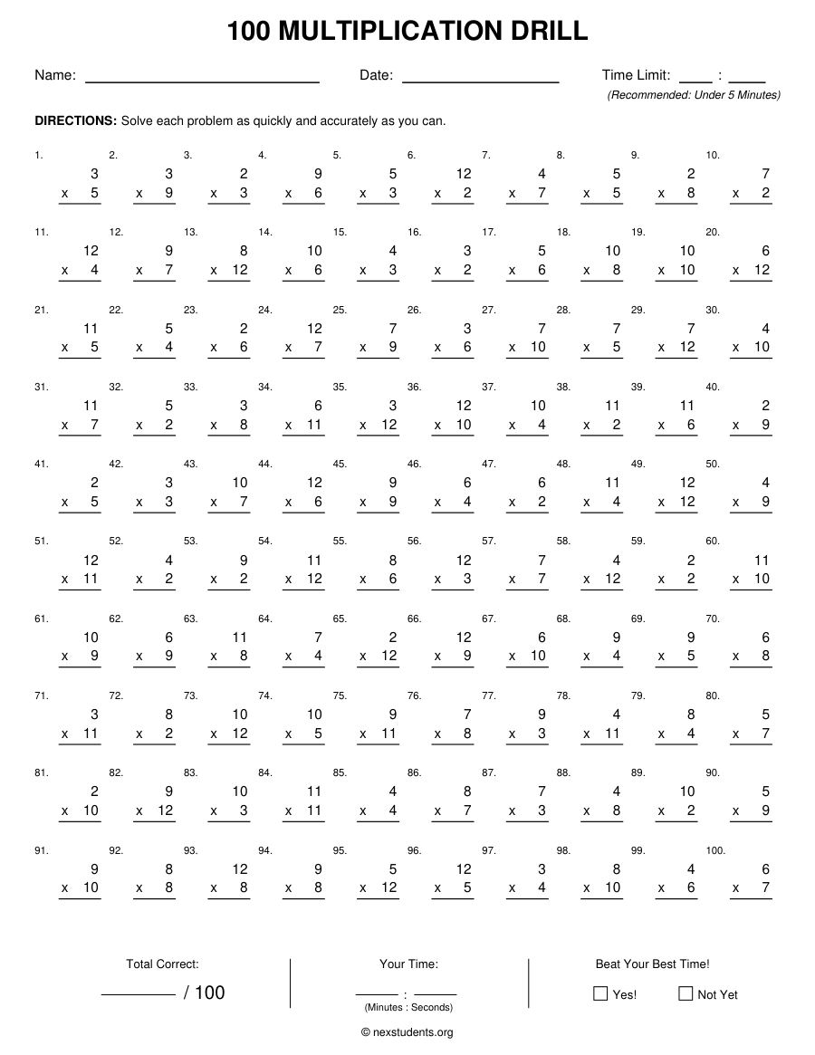 100 Multiplication Facts: Speed Drill, page 1